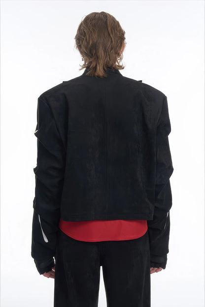 Men's Black Suede Short Jacket - Spring Crinkle Sleeve Coat