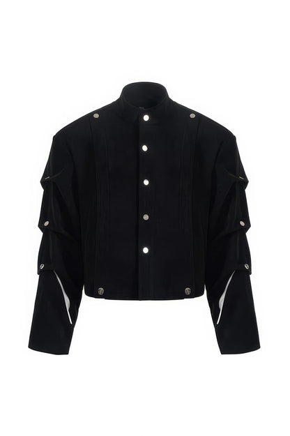 Men's Black Suede Short Jacket - Spring Crinkle Sleeve Coat