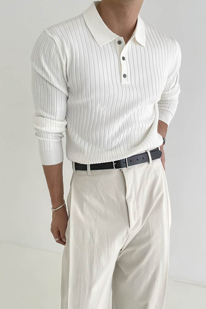 Men's Knit Polo Shirt - Muscle Fit Striped Long Sleeve Top