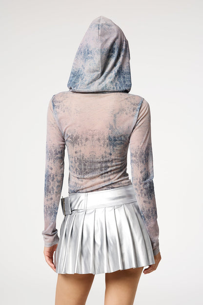 Magic Beam Dragon Print Hooded Mesh Long Sleeve Top