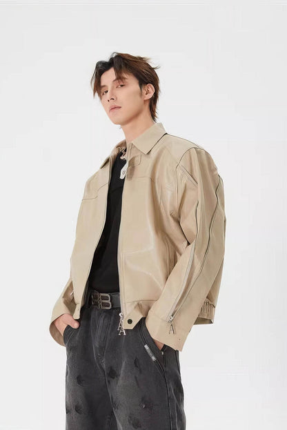 Men's Double Zipper Shoulder-Padded Leather Jacket