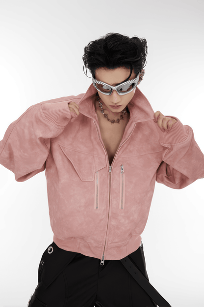 Men’s Trendy Polka Dot Gradient Pink Bomber Jacket with Shoulder Pads & Zipper Details