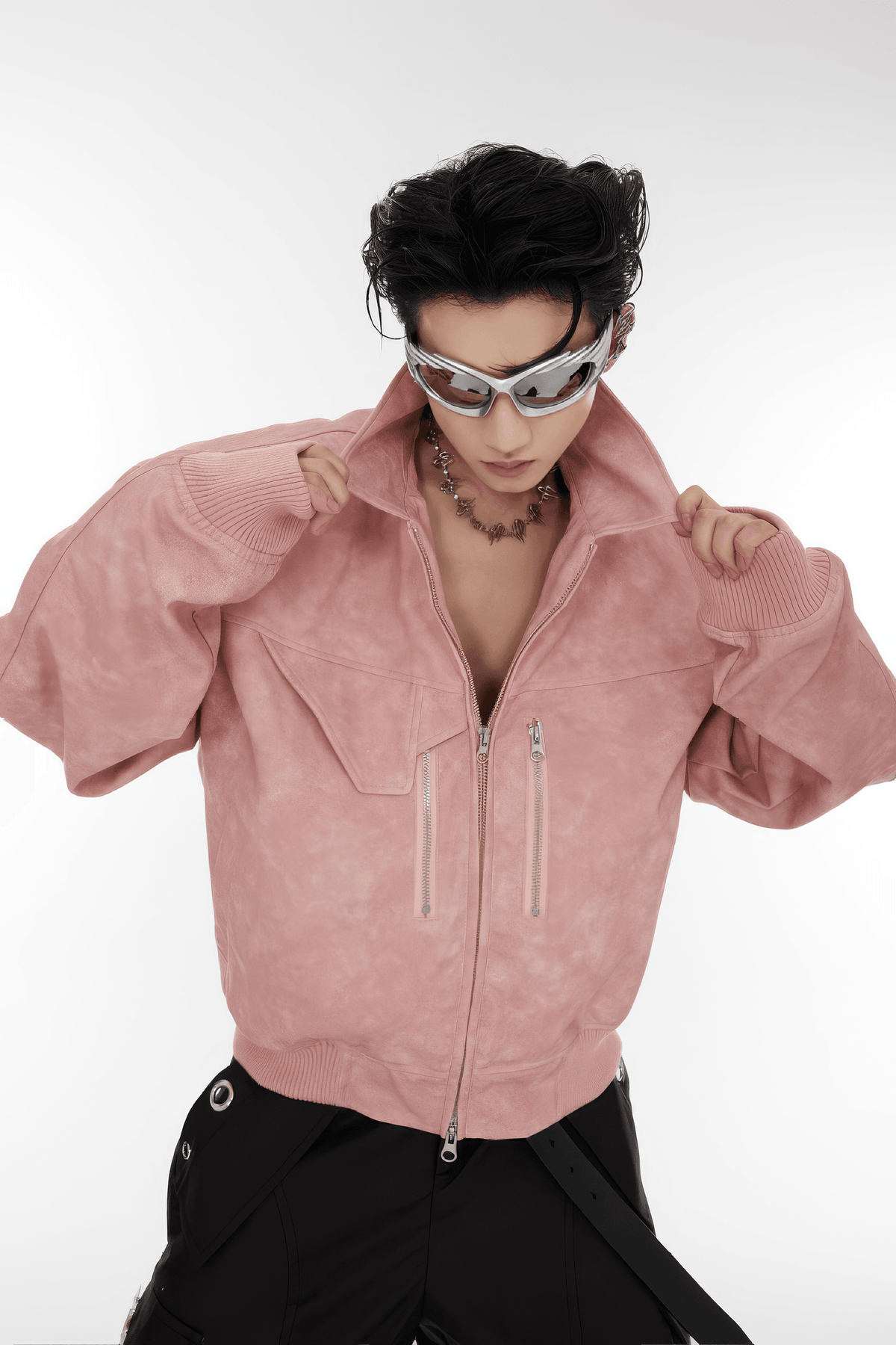 Men’s Trendy Polka Dot Gradient Pink Bomber Jacket with Shoulder Pads & Zipper Details