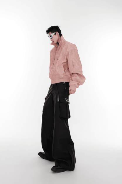 Men’s Trendy Polka Dot Gradient Pink Bomber Jacket with Shoulder Pads & Zipper Details
