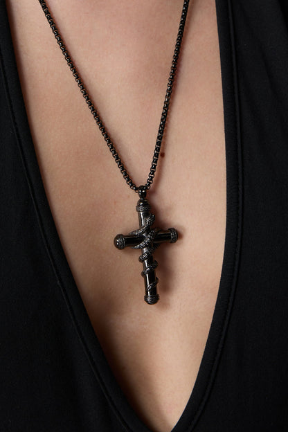Metal Link Openable Snake Cross Necklace Black