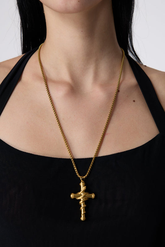 Metal Link Openable Snake Cross Necklace Gold