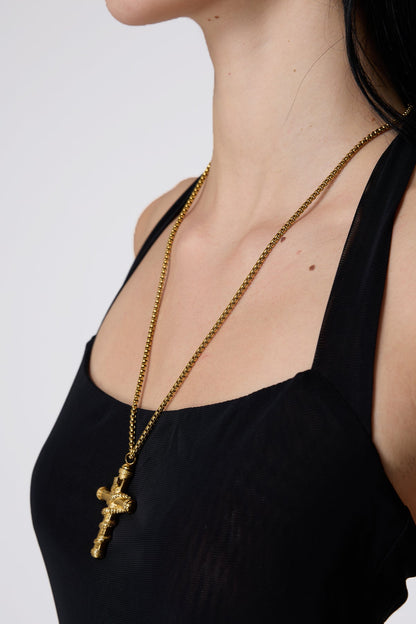 Metal Link Openable Snake Cross Necklace Gold