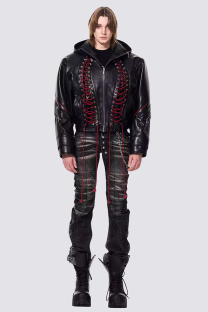 Metal Loop Leather Lace Up Hooded Jacket