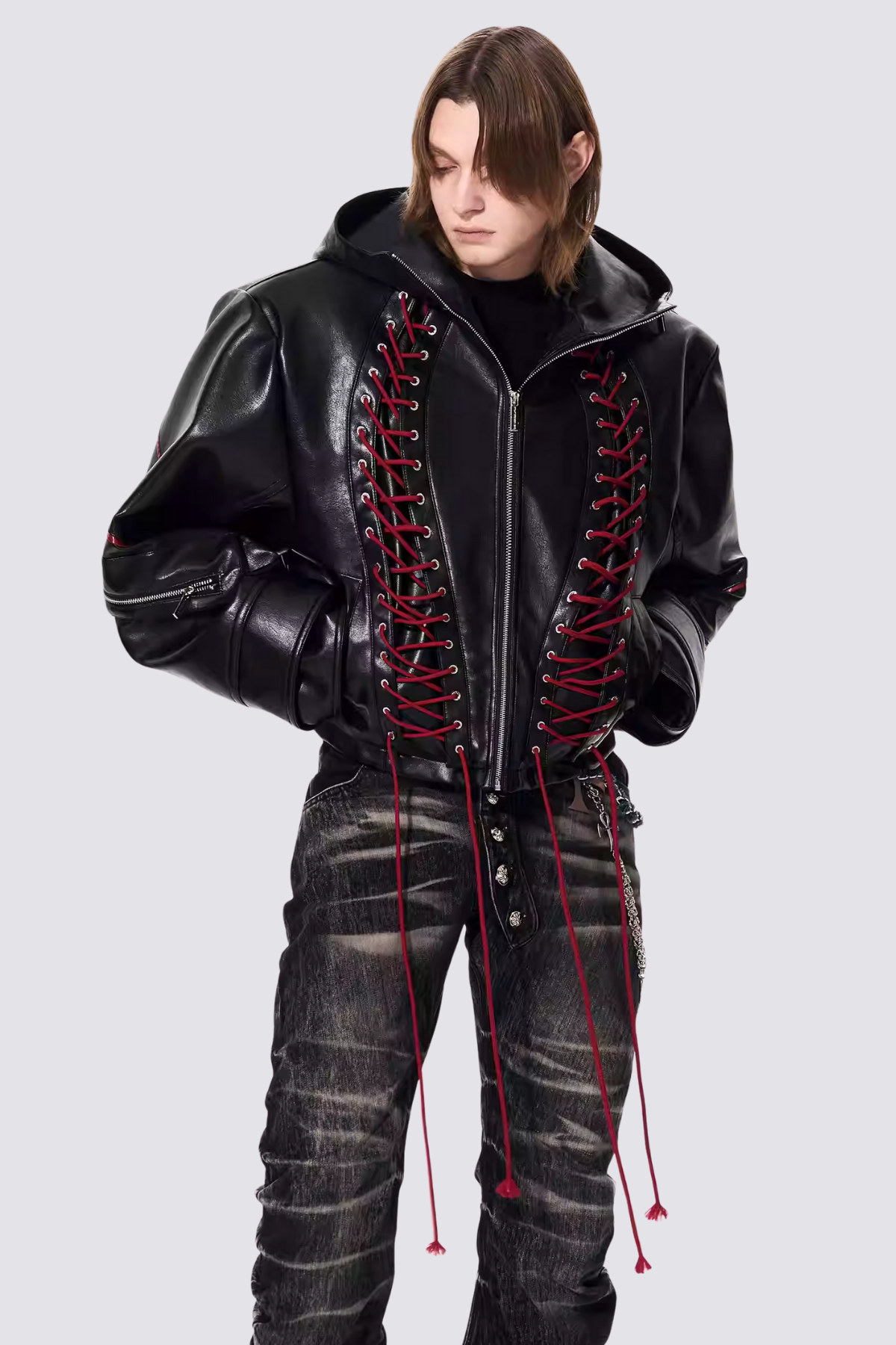 Metal Loop Leather Lace Up Hooded Jacket