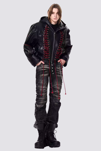 Metal Loop Leather Lace Up Hooded Jacket
