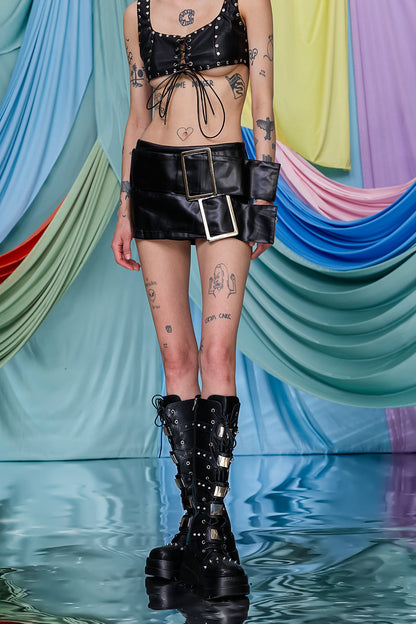 Metal Tie Leather Mini Skirt