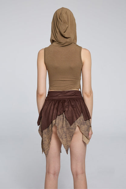 Midriff Aperture Sleeveless Hooded Fringe Crop Top