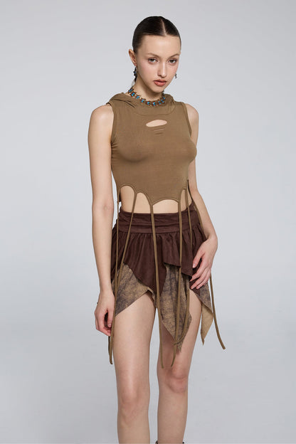 Midriff Aperture Sleeveless Hooded Fringe Crop Top