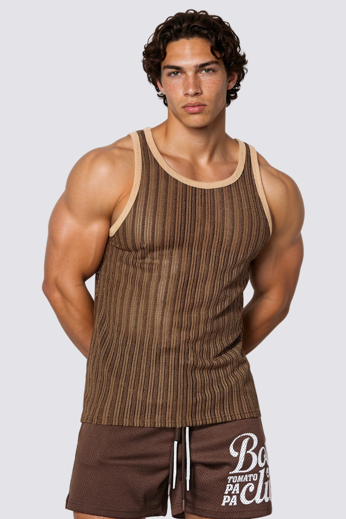 Mild Tension Stripe Cutout Tank Top Brown