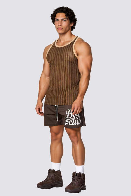 Mild Tension Stripe Cutout Tank Top Brown