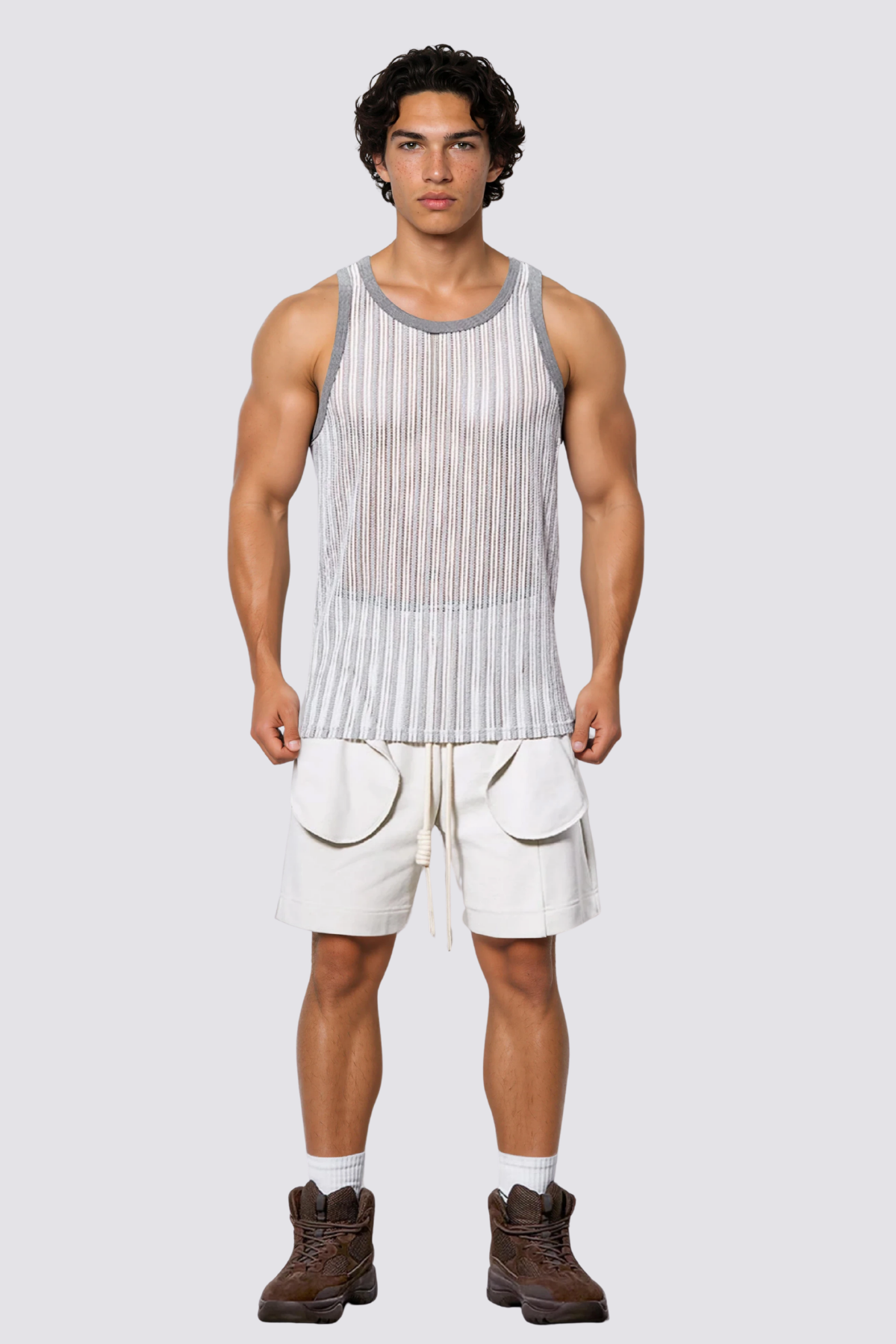 Mild Tension Stripe Cutout Tank Top Grey