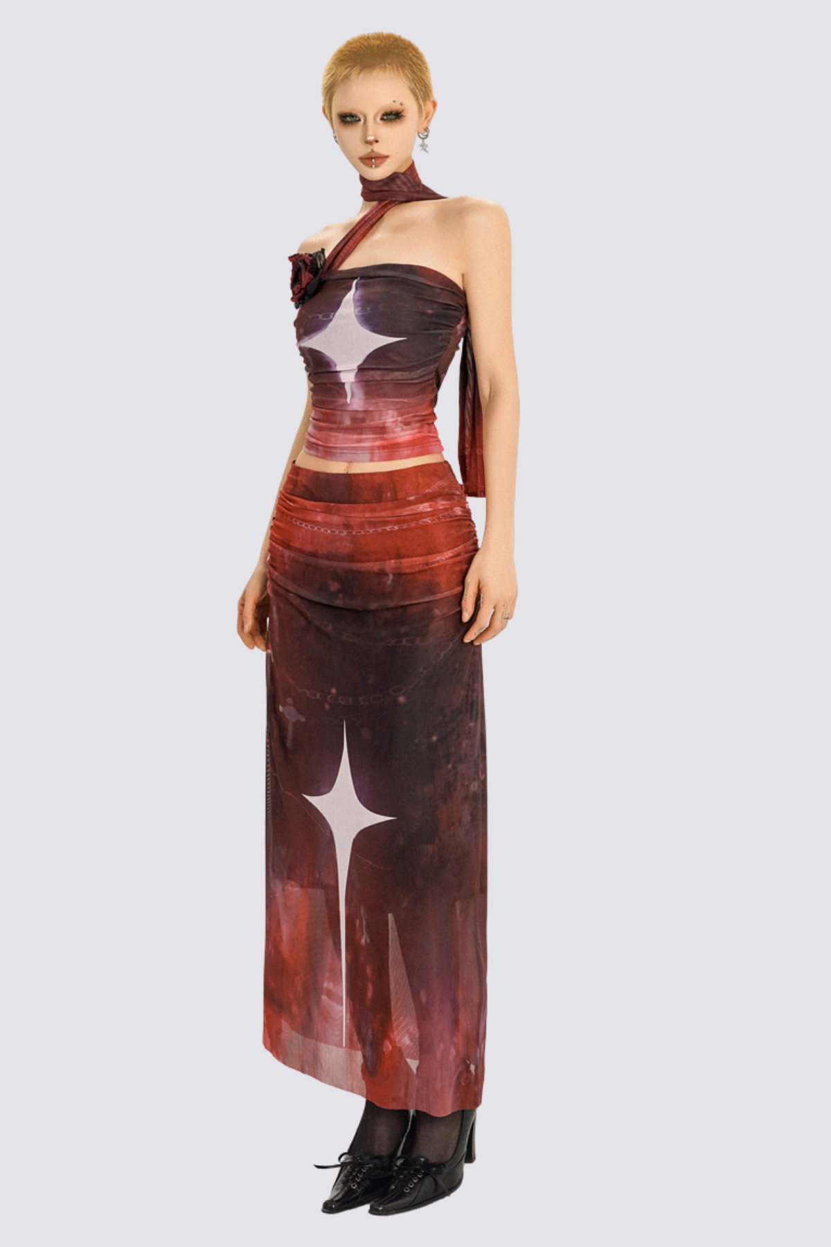 Mixed Bond Star Print Mesh Skirt