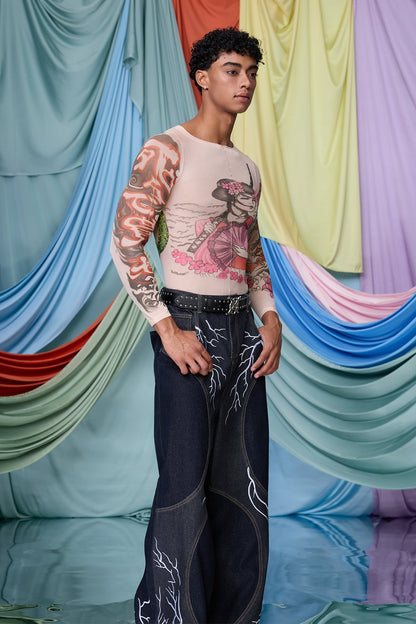 Mixed Presence Long Sleeve Print Mesh Jumpsuit