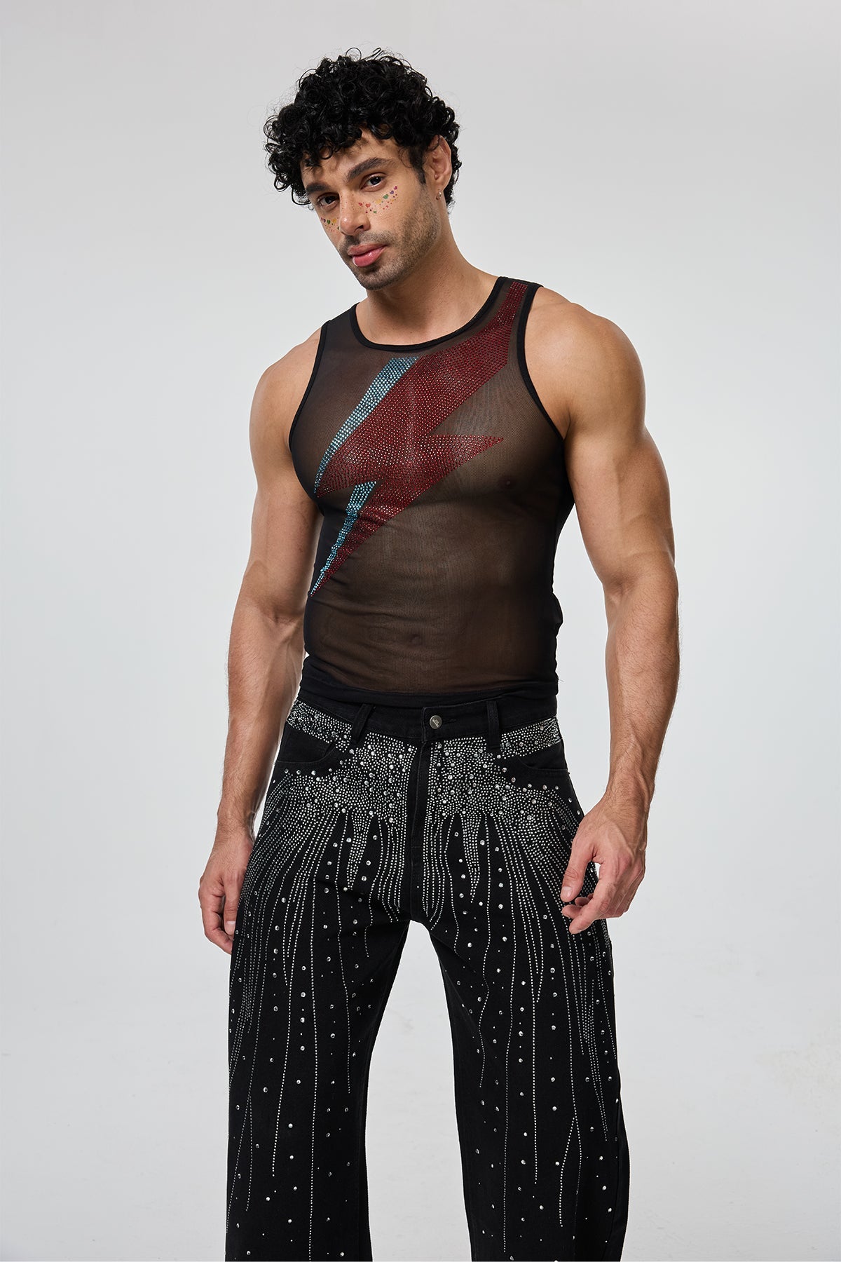 Mixed Surface Sleeveless Rhinestone Mesh Top
