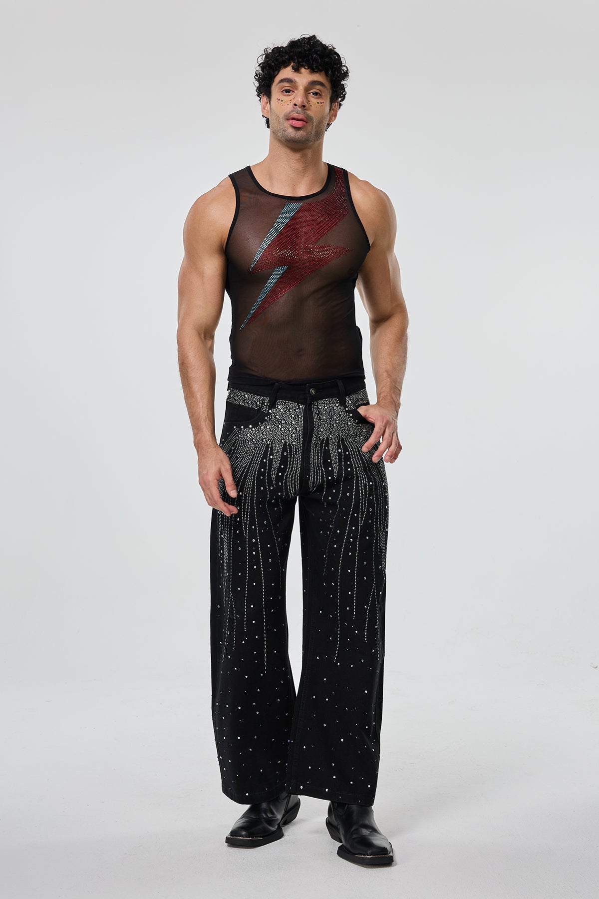 Mixed Surface Sleeveless Rhinestone Mesh Top
