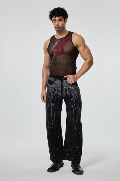 Mixed Surface Sleeveless Rhinestone Mesh Top