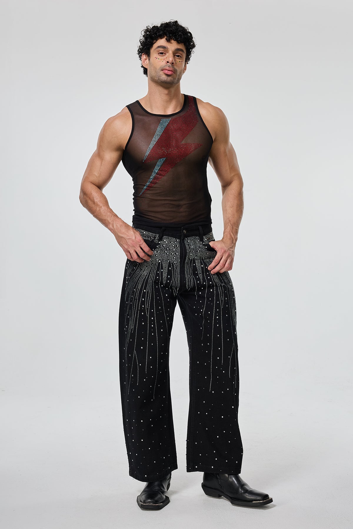 Mixed Surface Sleeveless Rhinestone Mesh Top
