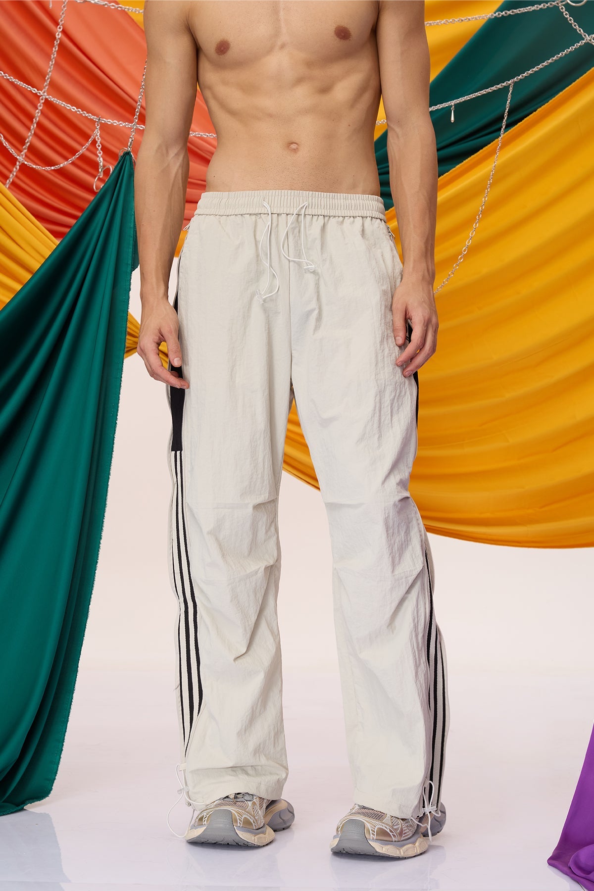 Mono Path Striped Straight Pants Grey