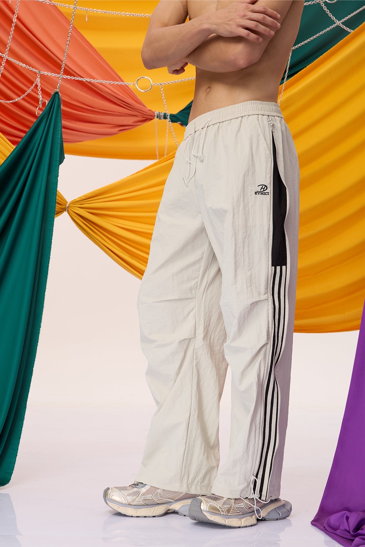 Mono Path Striped Straight Pants Grey