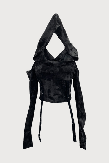 Mono Print Off Shoulder Hooded Top
