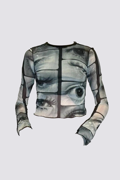 Muted Image Long Sleeve Tie Dye Mesh Top