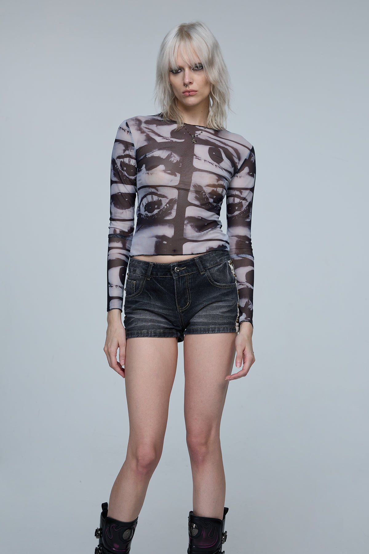 Muted Image Long Sleeve Tie Dye Mesh Top