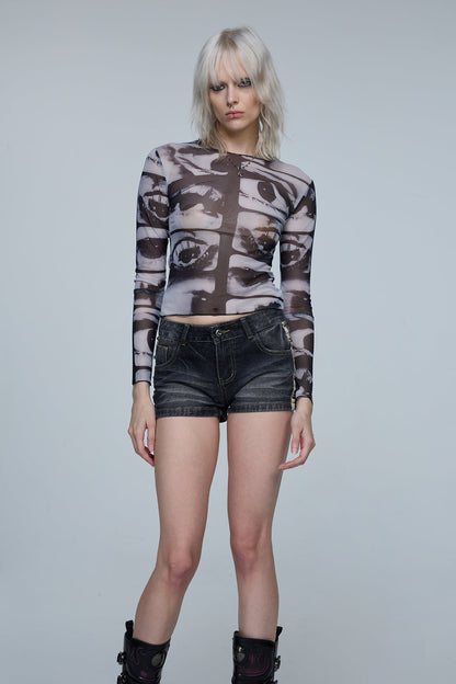 Muted Image Long Sleeve Tie Dye Mesh Top