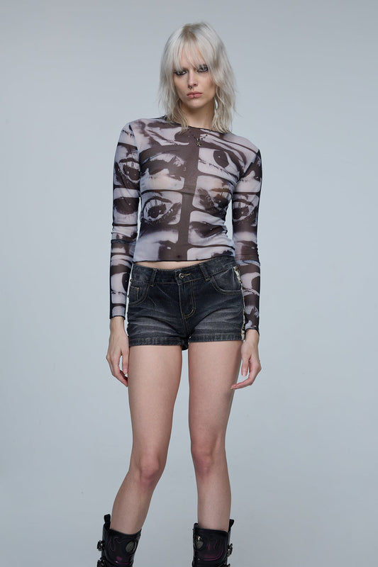 Muted Image Long Sleeve Tie Dye Mesh Top