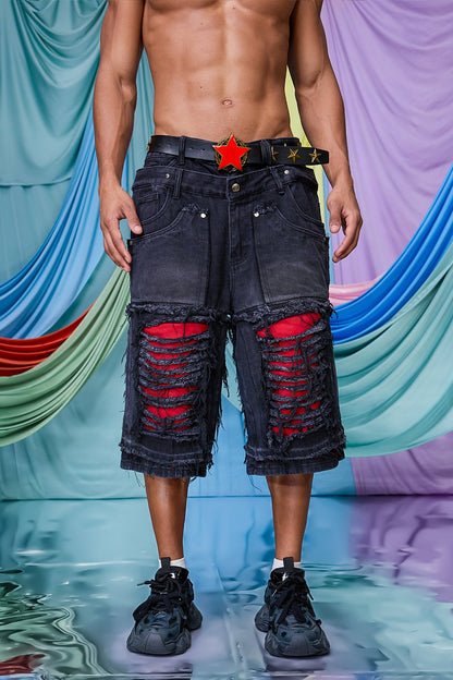 Muted Rinse Ripped Capri Jeans Black