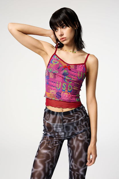 Neon Doll Y2K Mesh Printed Spaghetti Top