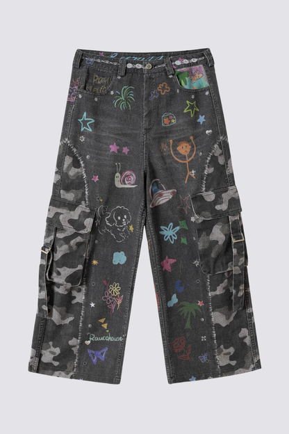 Neon Latch Graffiti Camouflage Wide Leg Jeans