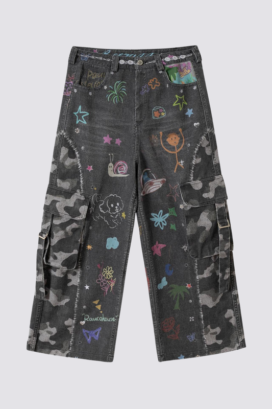Neon Latch Graffiti Camouflage Wide Leg Jeans