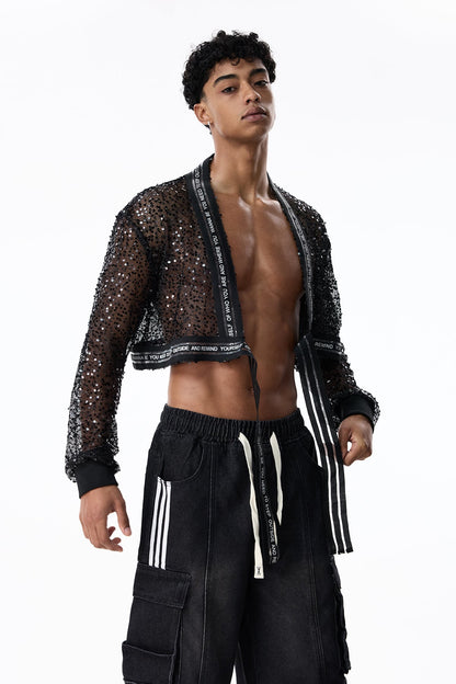 Net Alloy Sequin Crop Jacket Black