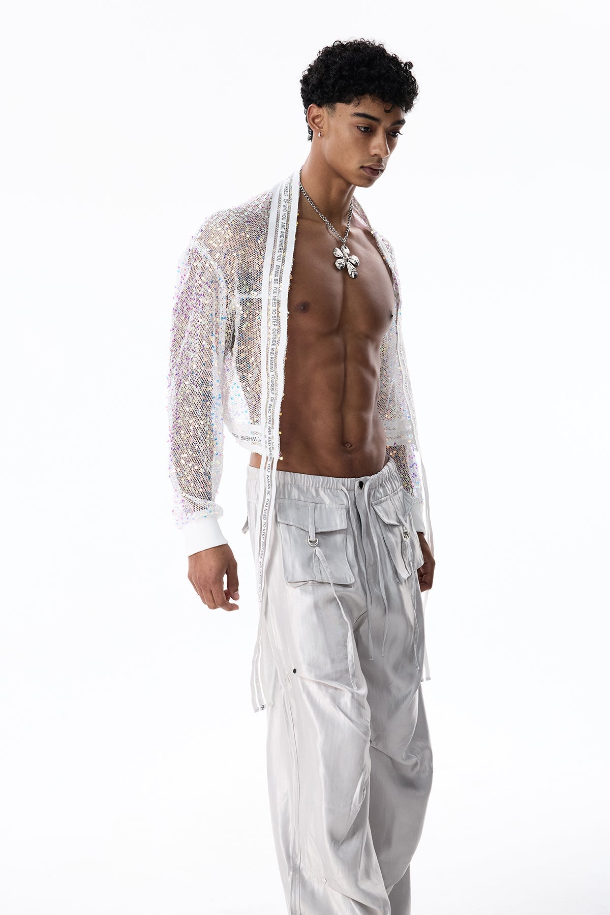 Net Alloy Sequin Crop Jacket White