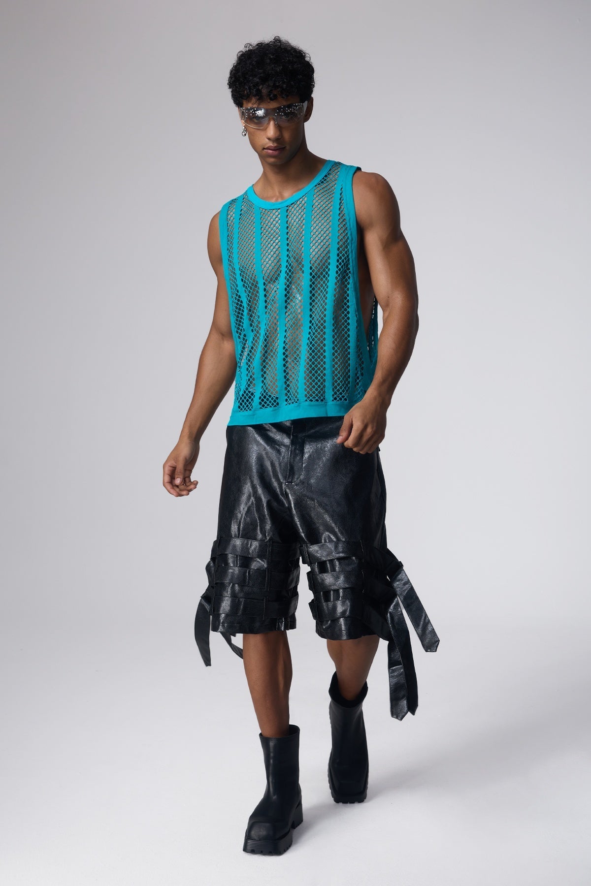 Net Motion Cutout Fishnet Top Lake Blue