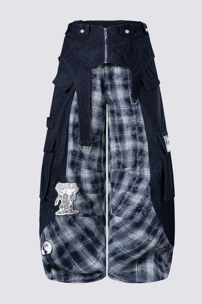 Night Mileage Embroidery Plaid Barrel Jeans Blue