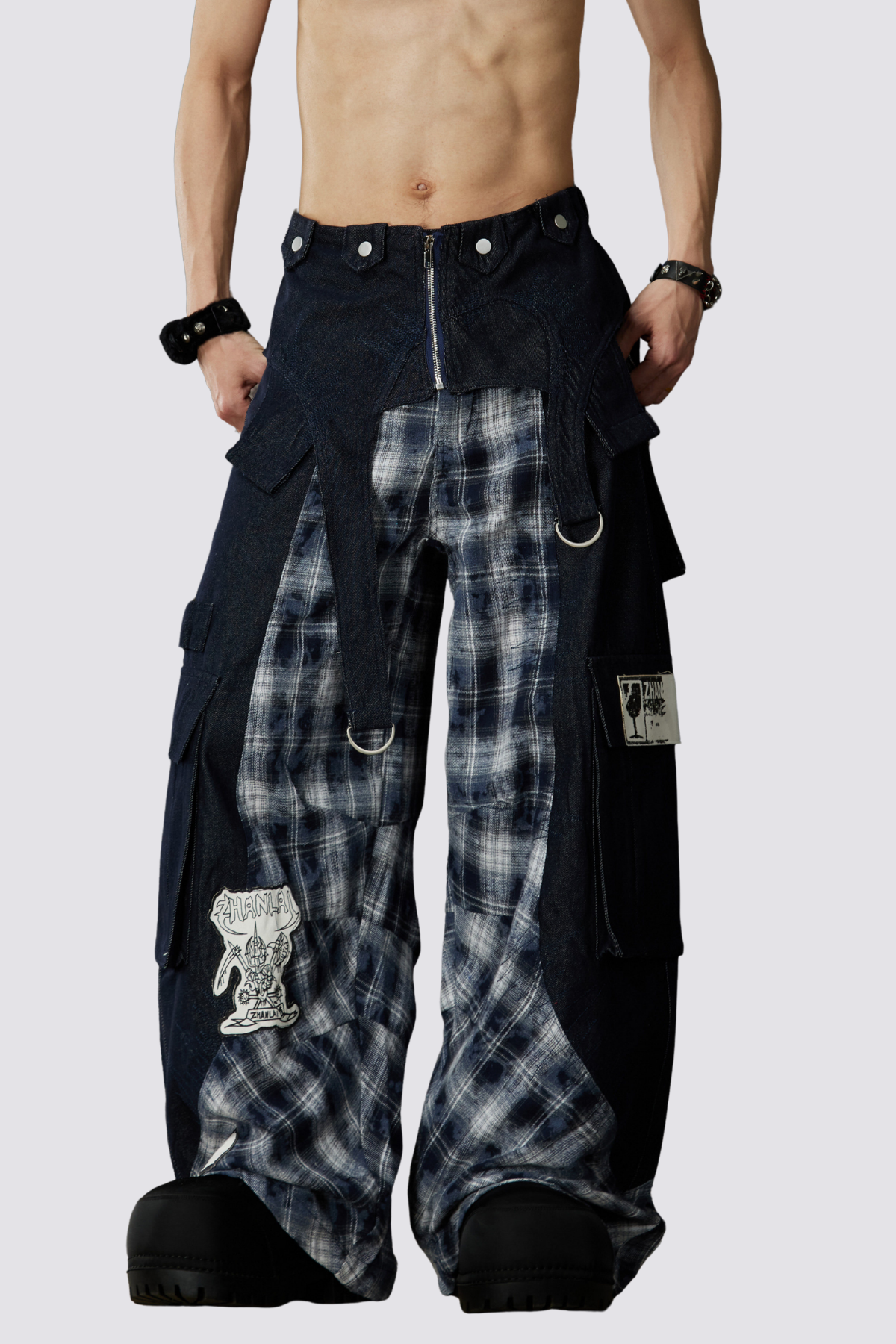 Night Mileage Embroidery Plaid Barrel Jeans Blue