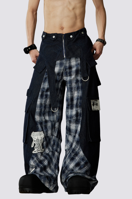Night Mileage Embroidery Plaid Barrel Jeans Blue