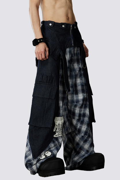 Night Mileage Embroidery Plaid Barrel Jeans Blue