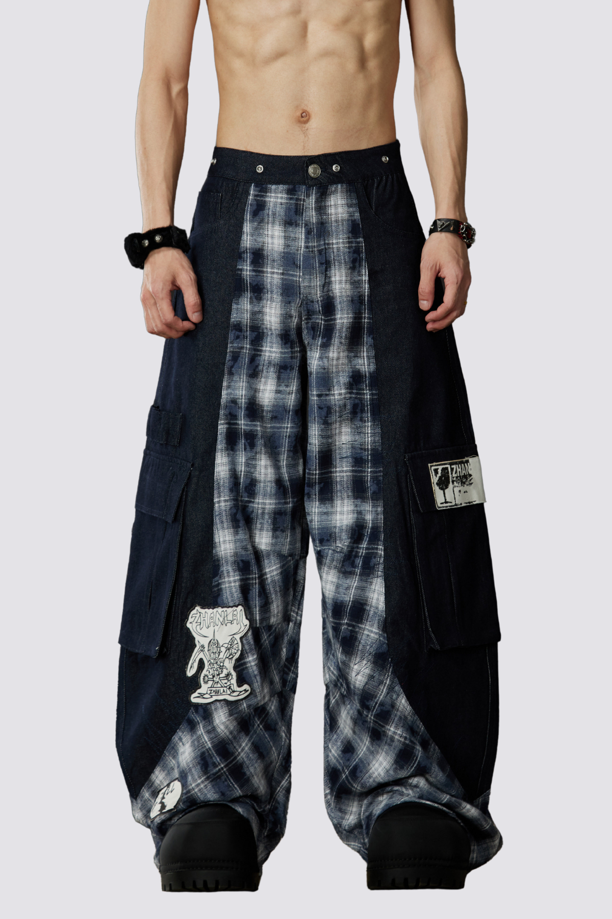 Night Mileage Embroidery Plaid Barrel Jeans Blue