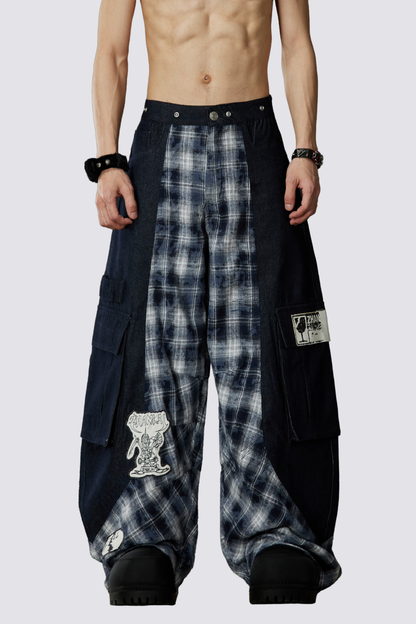 Night Mileage Embroidery Plaid Barrel Jeans Blue