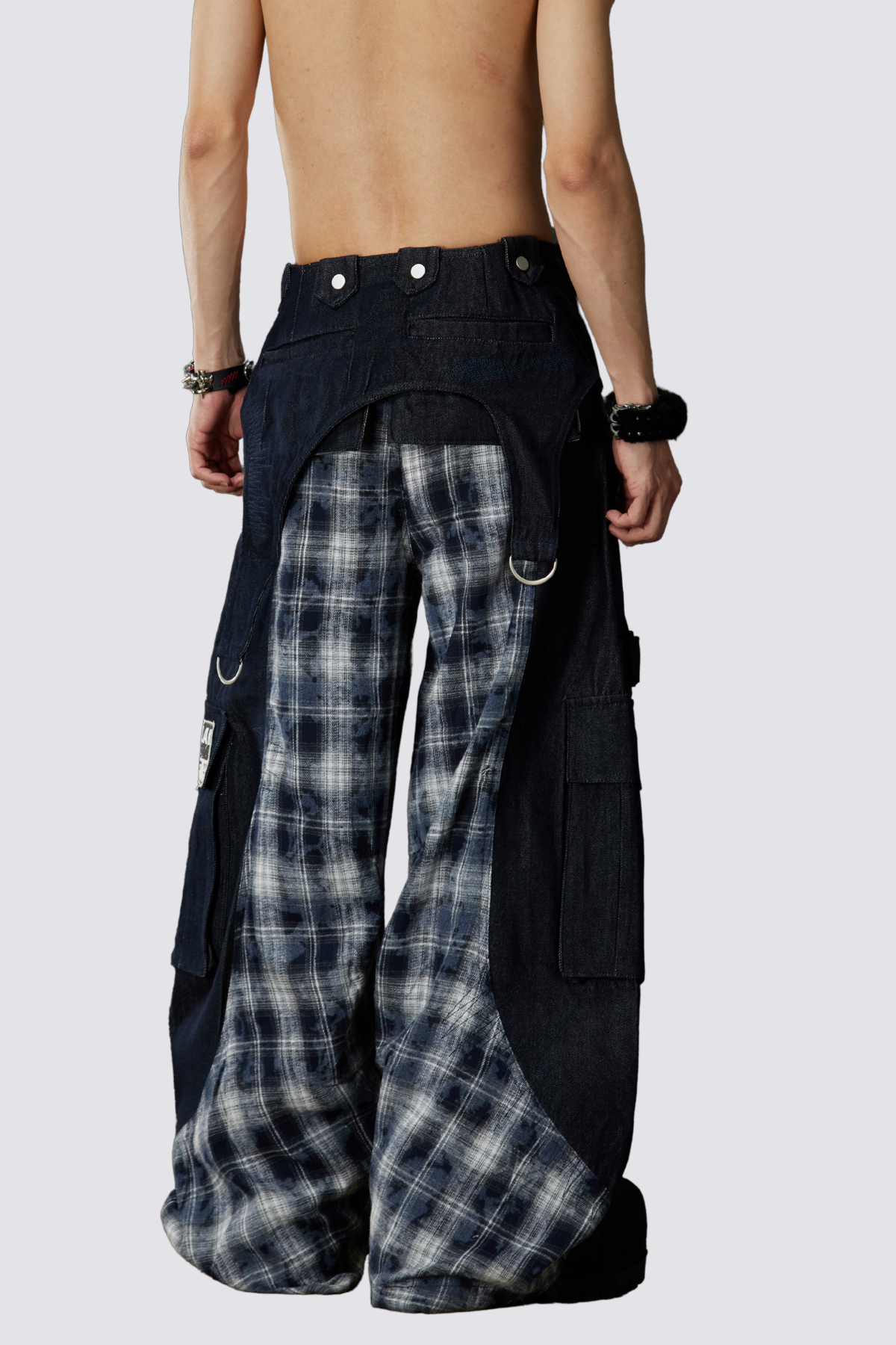 Night Mileage Embroidery Plaid Barrel Jeans Blue