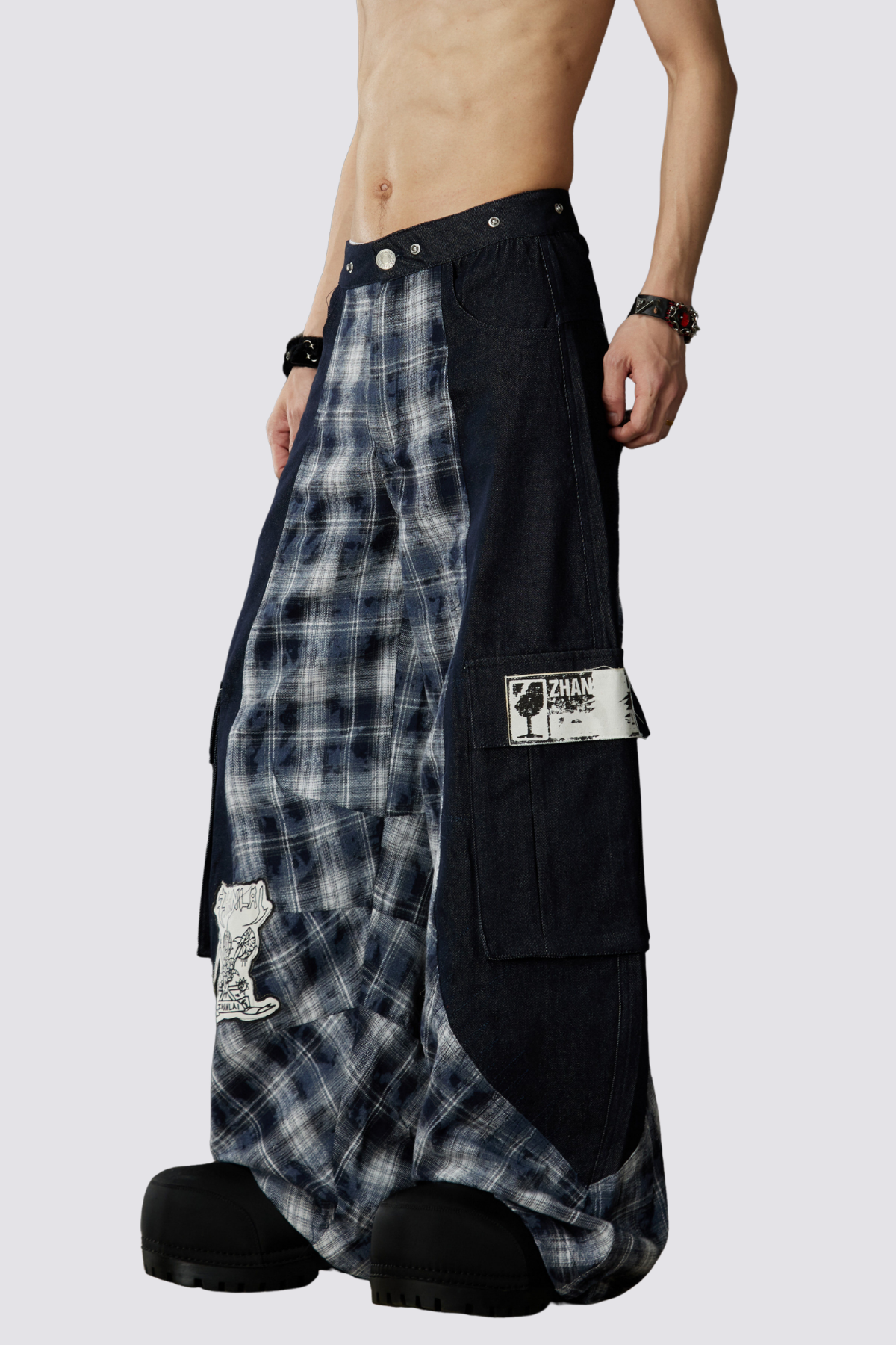 Night Mileage Embroidery Plaid Barrel Jeans Blue