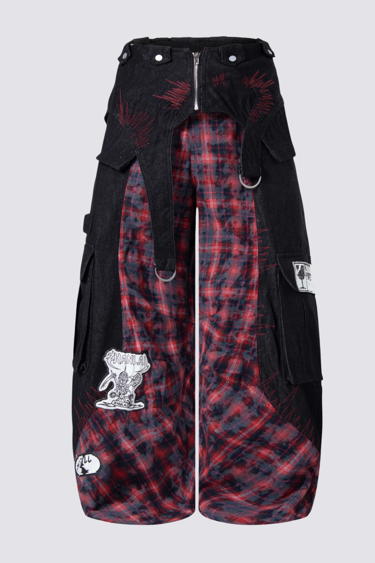 Night Mileage Embroidery Plaid Barrel Jeans Red