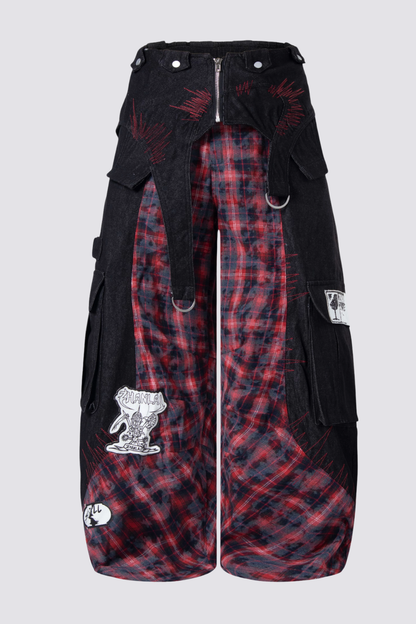 Night Mileage Embroidery Plaid Barrel Jeans Red